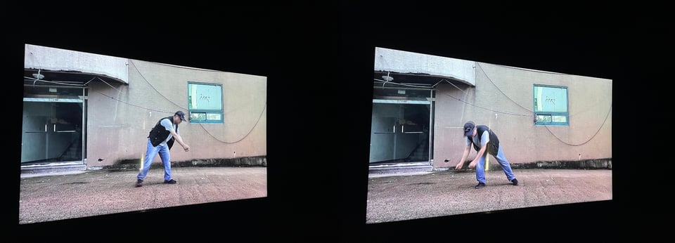 Two side by side images from Ugay's film showing a worker performing one of the motions from the factory floor, but in an alley outdoors