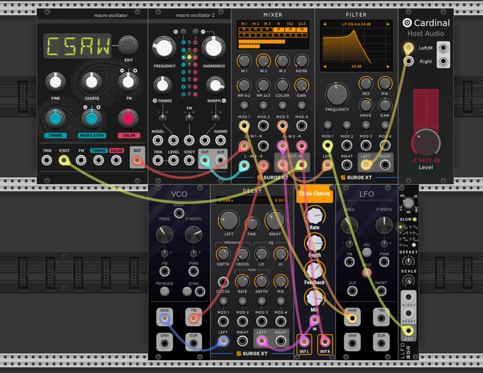 A virtual modular system that shows two sets of rails and on those rails a variety of modules including two oscillators, a delay, an lfo, a filter, and a mixer all connected together with colorful cables