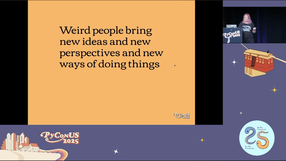 Deb Nicholson with a slide saying: Weird people bring new ideas and new perspectives and new ways of doing things.