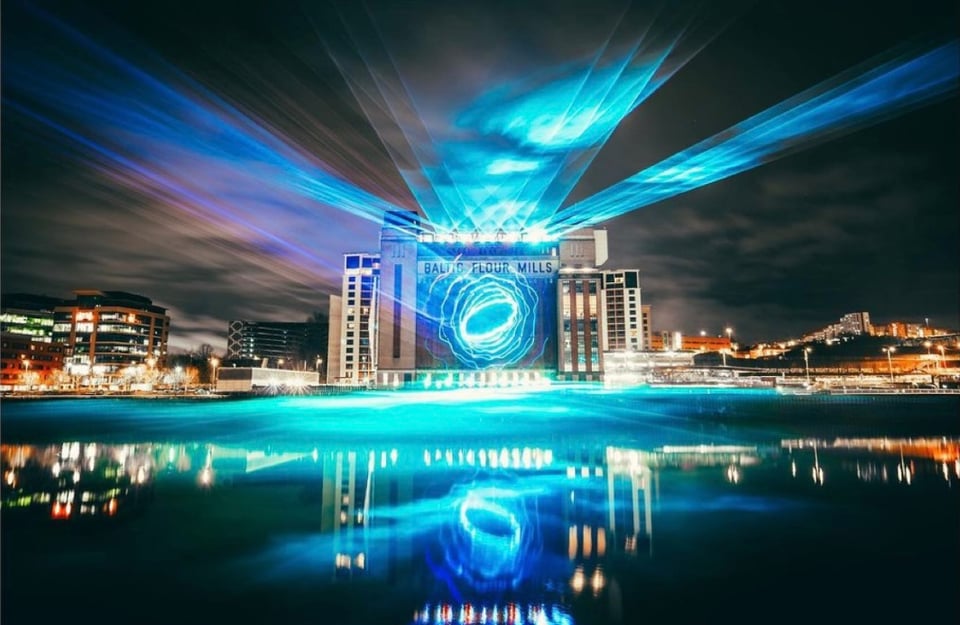The Baltic on the river Tyne in Newcastle, lit up with lasers. The new year show by Seb Lee-Delisle