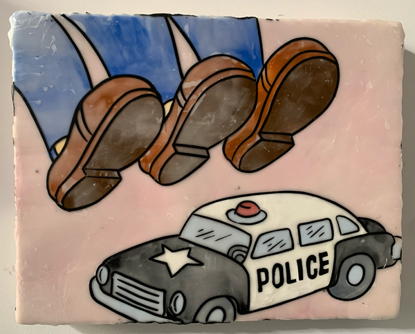Painting of three giant feet about to stomp on a police car.