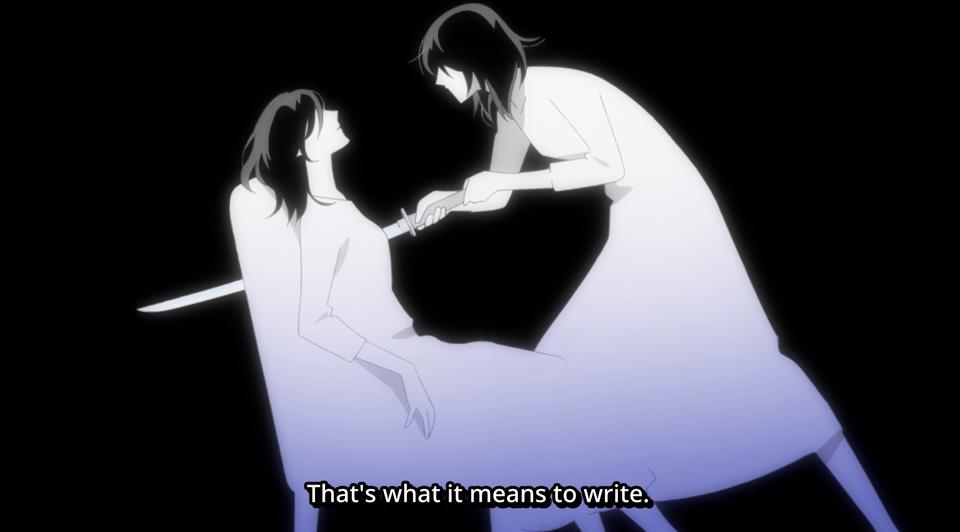 Screenshot from the 2026 anime series "Journal with Witch," subtitle: "That's what it means to write."