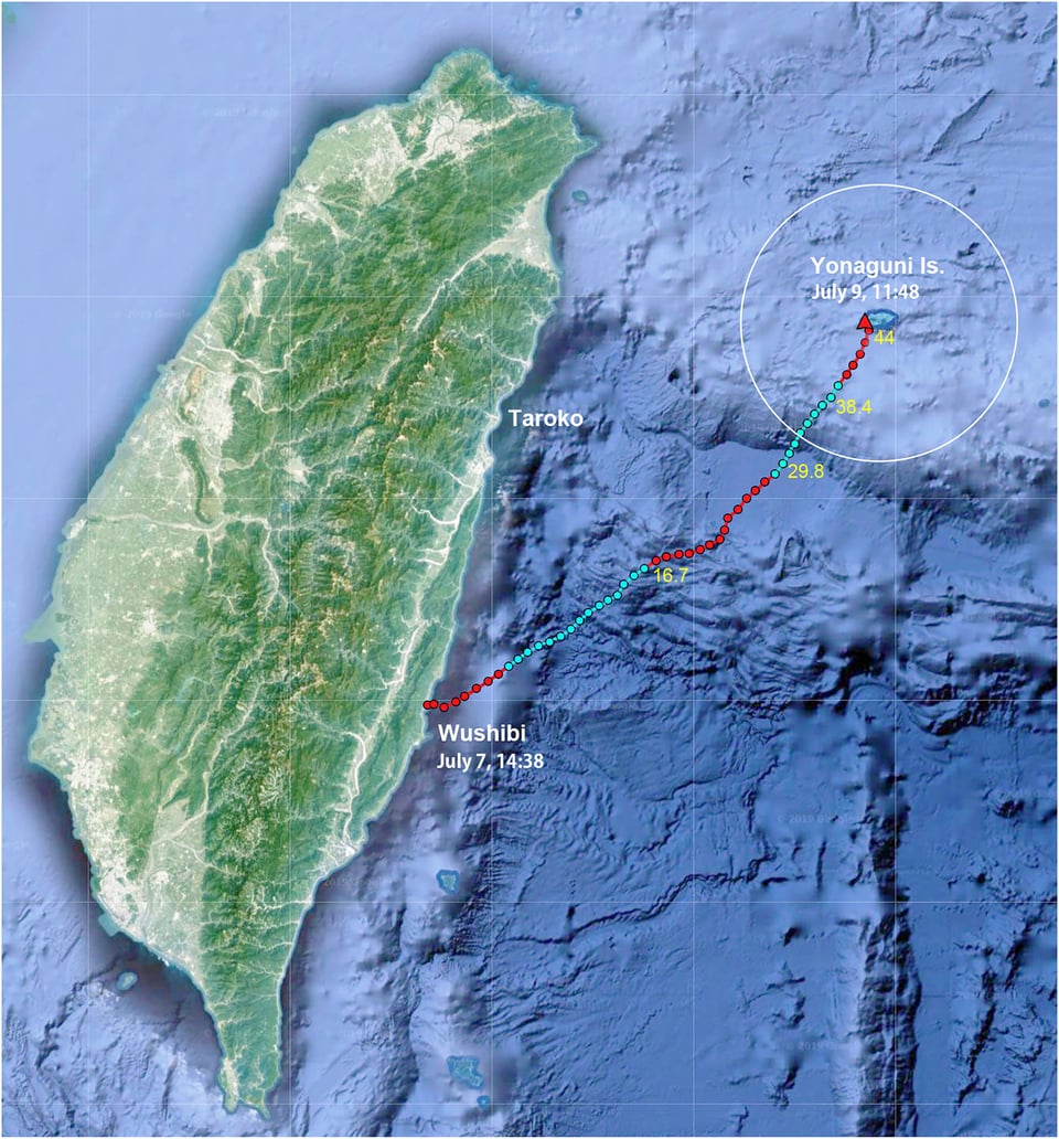 A map depicting a maritime route across the East China Sea, showing a journey from eastern Taiwan to Yonaguni Island. The journey moves northeast out in the open ocean. A dotted line shows the trip starting on July 7, 14:38 and ending July 9, 11:48.