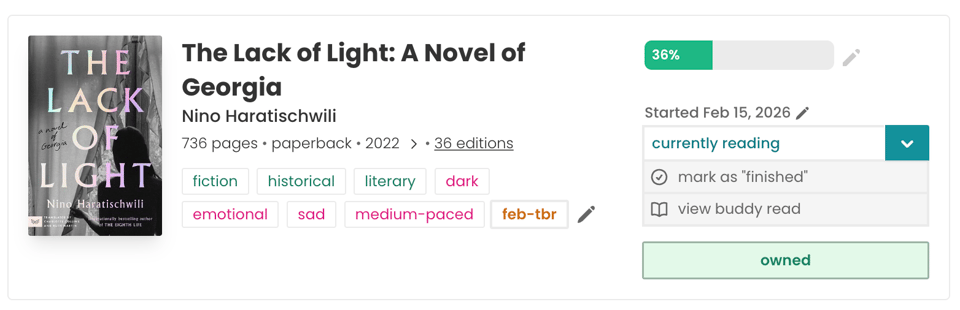 A StoryGraph book detail pane for The Lack of Light: A Novel of Georgia by Nino Haratischwili. It shows 36% progress, status set to “currently reading,” tags like fiction, historical, literary, dark, emotional, and sad, and a green “owned” label.