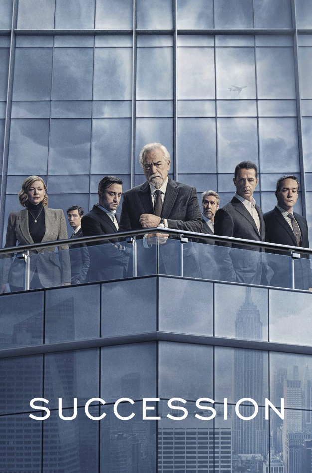 Promotional poster for the TV series Succession. A group of formally dressed characters stand on a glass balcony of a high-rise building, with the New York City skyline and Empire State Building visible in the background. The series title “SUCCESSION” appears at the bottom in bold white letters.