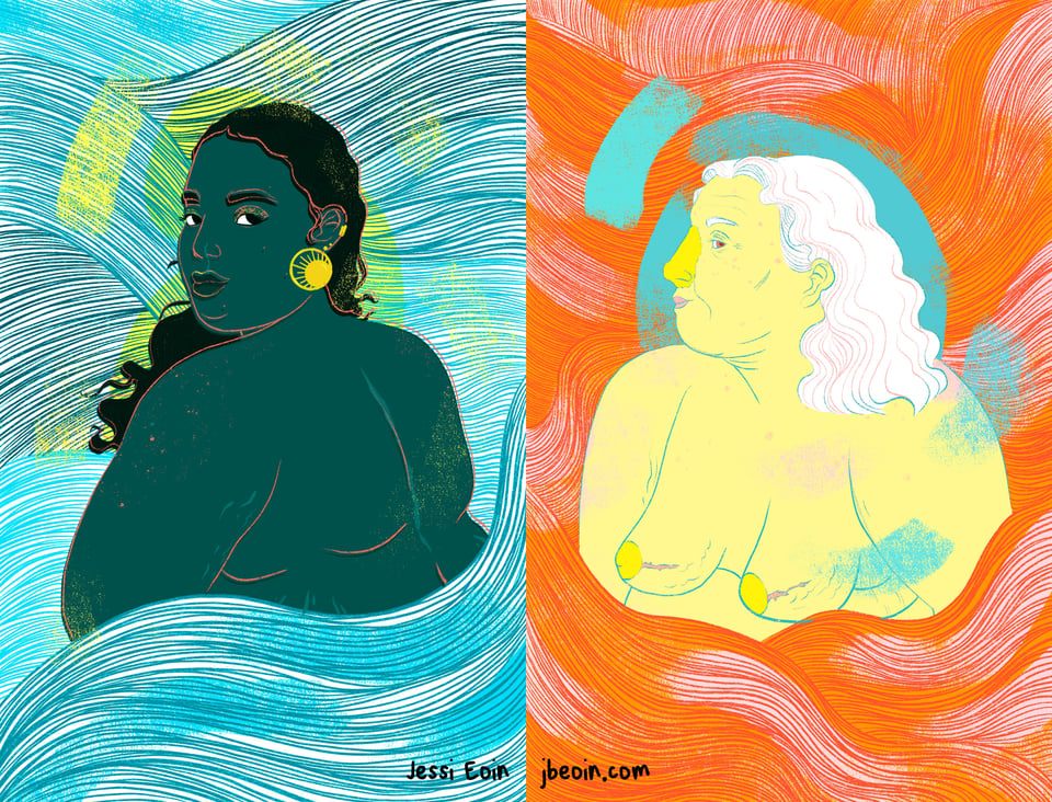Two vibrant, texture-heavy illustrations of fat, nude people side by side. Each features a single person surrounded by lines all around them like waves. The lines are accentuated by complementary colors laid on with a textured brush almost like a palette knife. The one on the left shows a fat person with dark skin and long curly hair looking over their shoulder at the audience. They have a cleft palette surgical scar above their lip and on their nose, as well as a surgical scar along their spine. They're wearing a few gold earrings, one of which is a large hoop with the sun in it. There are freckles, stretch marks, and cellulite all along their skin. The color palette is in hues of blue and blue green with spotlights of yellow and gold. The outline of the person is in a red color that's slightly offset from the figure. The one on the right shows a fat person with light skin and shoulder-length wavy hair in a side profile, looking sideways at the audience. They have on a prosthetic nose and prosthetic nipples, and they have surgical scars on their breasts by the nipples. The person is older and has lots of wrinkles and looser skin, as well as stretch marks, cellulite, and age spots all over. The color palette is in hues of orange and yellow with spotlights of aqua blue and pink.