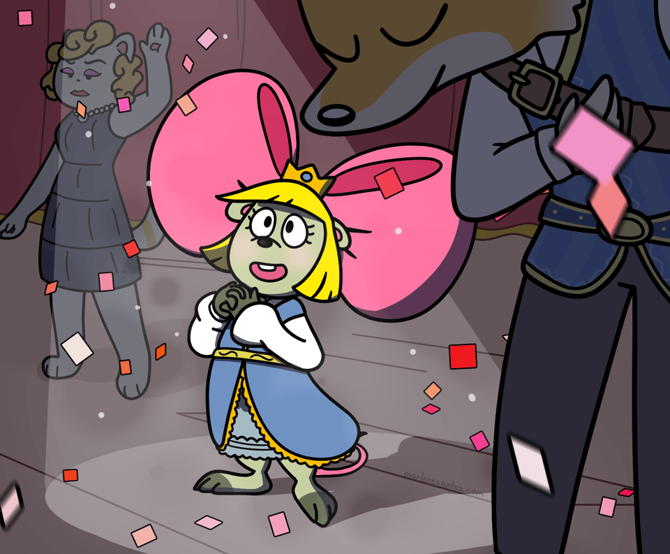 Three anthropomorphic animals wearing play costumes on a stage.Penelope from Animal Crossing is dressed like a princess. She is in the spotlight, and clasping her hands she looks amazed as confetti falls down. On her right and on her left are a fox and a cat, bowing and waving to the audience, which is unseen in this perspective.