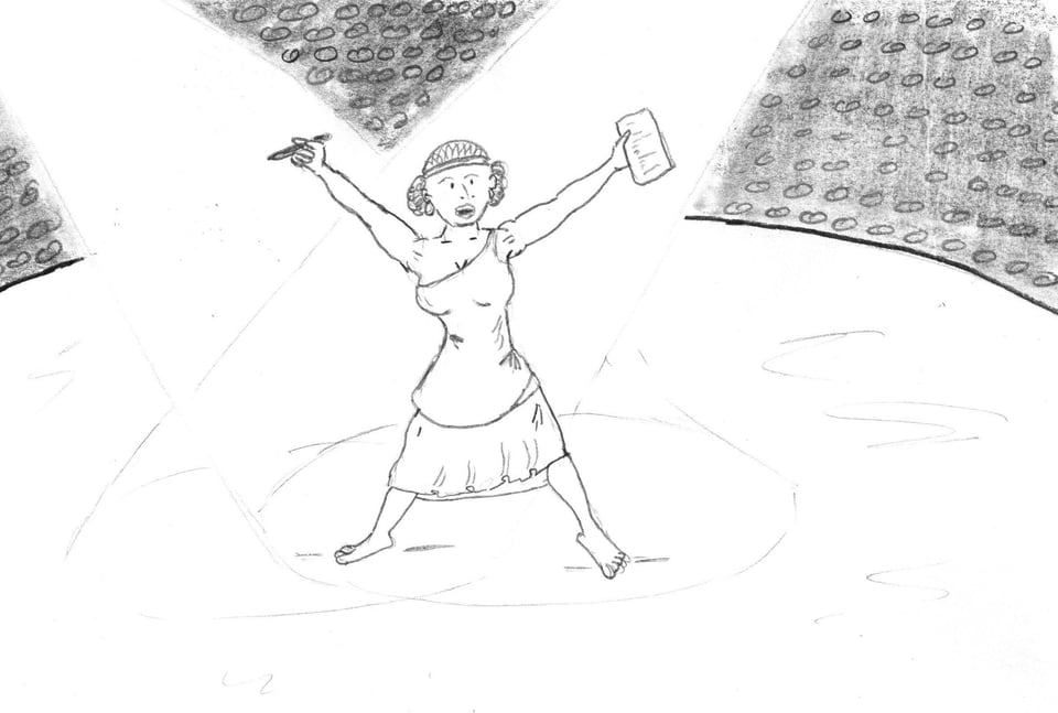 A line drawing of a woman in ancient costume on stage in a large arena, with arms raised high, holding a stylus and tablet