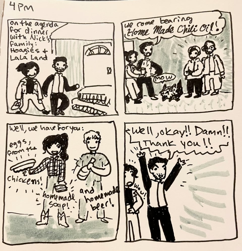 4 PM comic about seeing my in-laws and exchanging homemade gifts with them