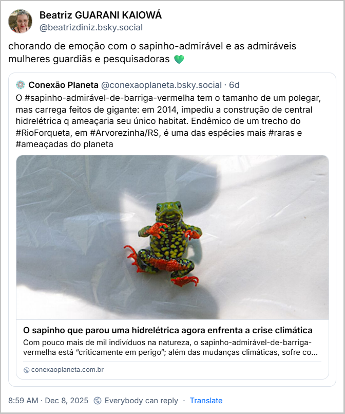Post de Beatriz GUARANI KAIOWÁ (@beatrizdiniz.bsky.social) com o texto: chorando de emoção com o sapinho-admirável e as admiráveis mulheres guardiãs e pesquisadoras 💚 O post cita o post de Conexão Planeta (@conexaoplaneta.bsky.social) com o texto: O #sapinho-admirável-de-barriga-vermelha tem o tamanho de um polegar, mas carrega feitos de gigante: em 2014, impediu a construção de central hidrelétrica q ameaçaria seu único habitat. Endêmico de um trecho do #RioForqueta, em #Arvorezinha/RS, é uma das espécies mais #raras e #ameaçadas do planeta