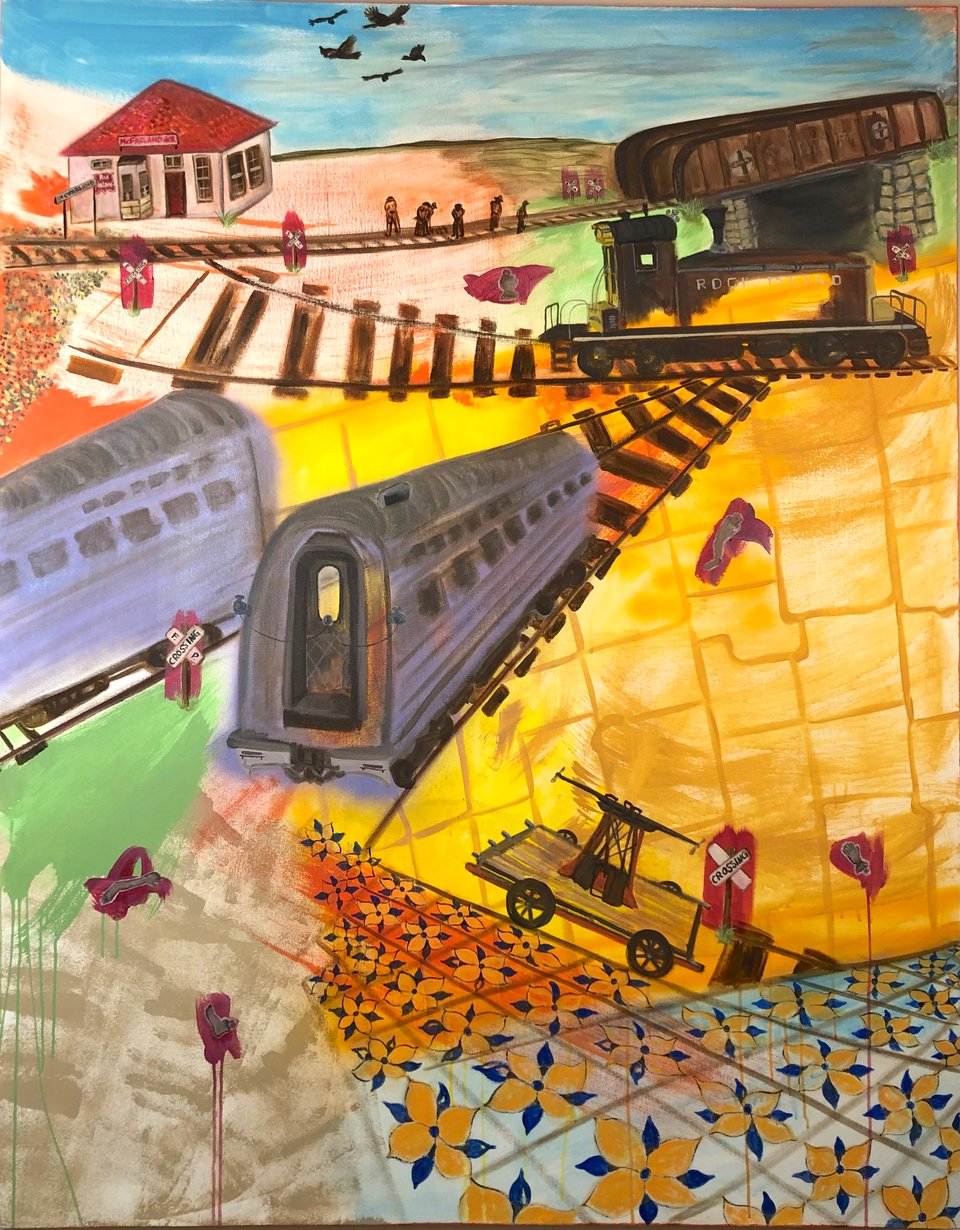 painting about trains and limbs being lost in the forms of milagros