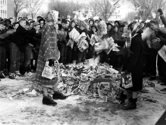Image of a comics burning in Binghampton, New York.