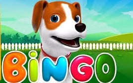 a white and brown CGI dog from a cheesy youtube video, with the word BINGO on it in bright colors