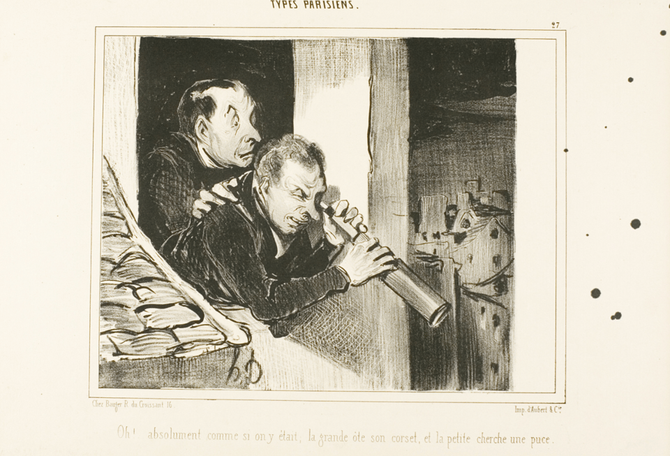 Two weird looking dudes using a telescope to spy on women in this 1800s sketch from Paris