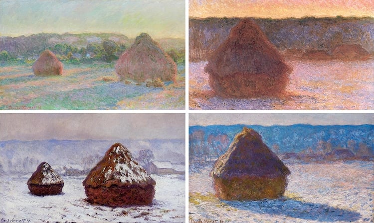 Four of Monet's haystack paintings side by side, showing the haystacks in varying light conditions