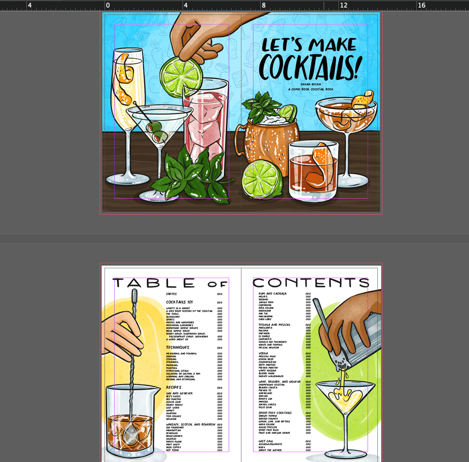 A screenshot preview of the full title spread and table of contents from my inDesign document