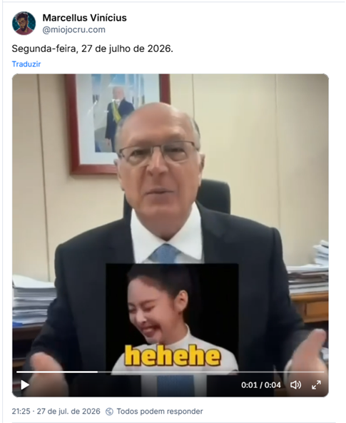 Post de Marcellus Vinícius (@miojocru.com): Segunda-feira, 27 de julho de 2026. (parte de vídeo do vice-presidente do Brasil, Geraldo Alckmin, falando sobre o início das tratativas entre Mercosul e Coreia do Sul, encabeçadas pelo governo brasileiro)
