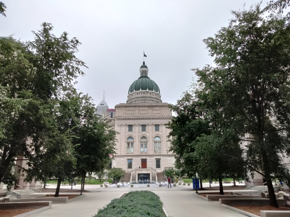 View of the Indiana Statehouse from the plaza.
