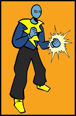 Color image of Lightning Man in his costume, his left hand crackling with electricity.