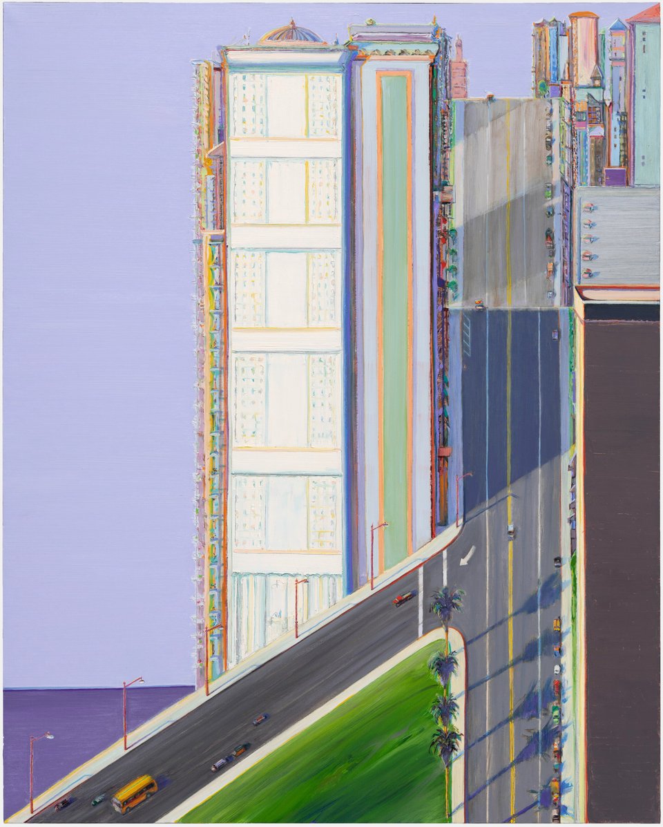 An oil painting showing a dramatically steep street, that appears to go straight up.