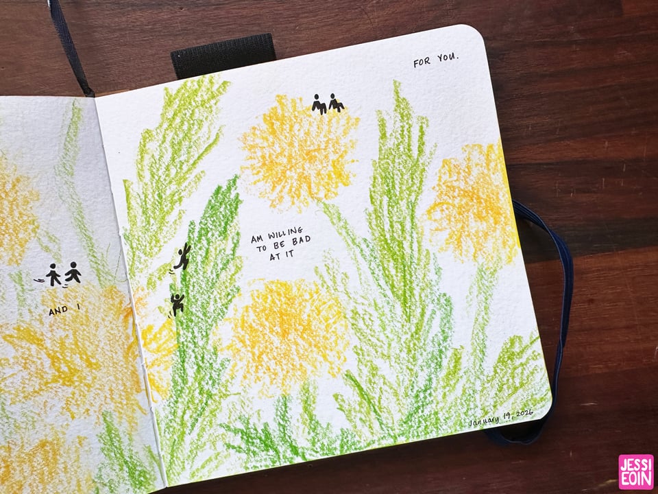 A close up look at the second page of the Be Willing to Be Bad At It comic. The overall feeling is hopeful and a bit cozy.