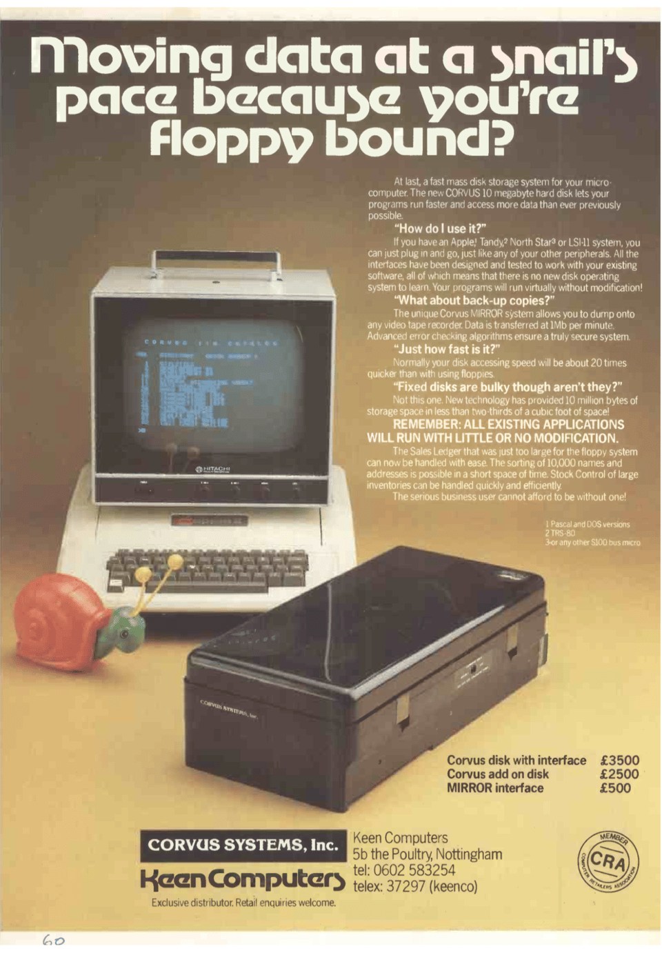 A magazine advertise showing an Apple ][ computer with a toy snail in front of it, in front of both is a large, toolbox-sized hard drive.