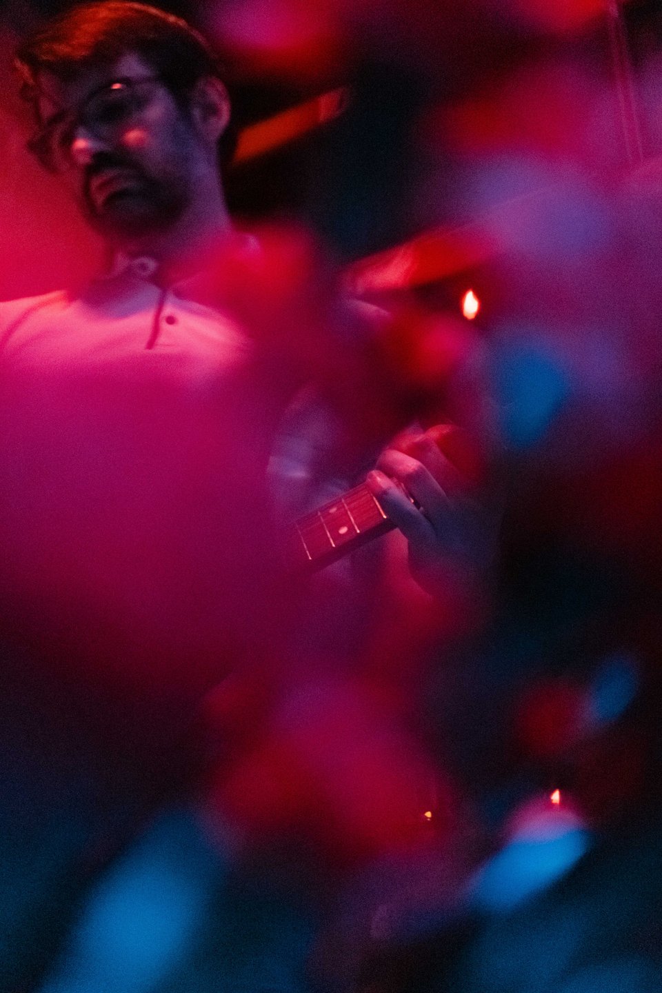 A shot up through the flowers on the mic stand, showing Steve playing guitar