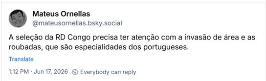 Post de Mateus Ornellas (@mateusornellas.bsky.social): A seleção da RD Congo precisa ter atenção com a invasão de área e as roubadas, que são especialidades dos portugueses.