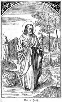 black and white woodcut image of a man with robes and halo in front of a landscape of mounts, roads, and trees