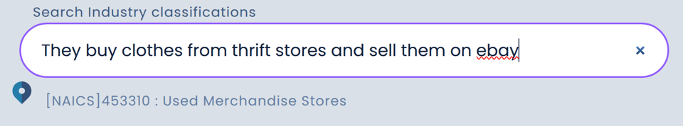 completed search result for 'They buy clothes from thrift stores and sell them on ebay' showing naics 453310