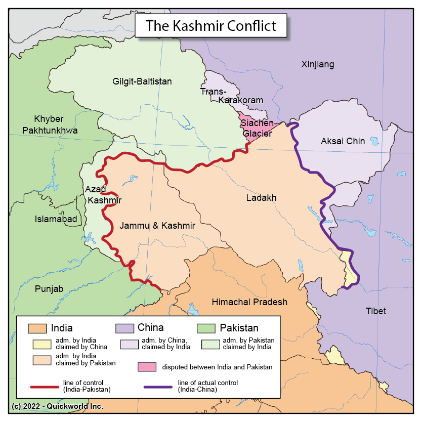 A map of the disputed regions in Kashmir