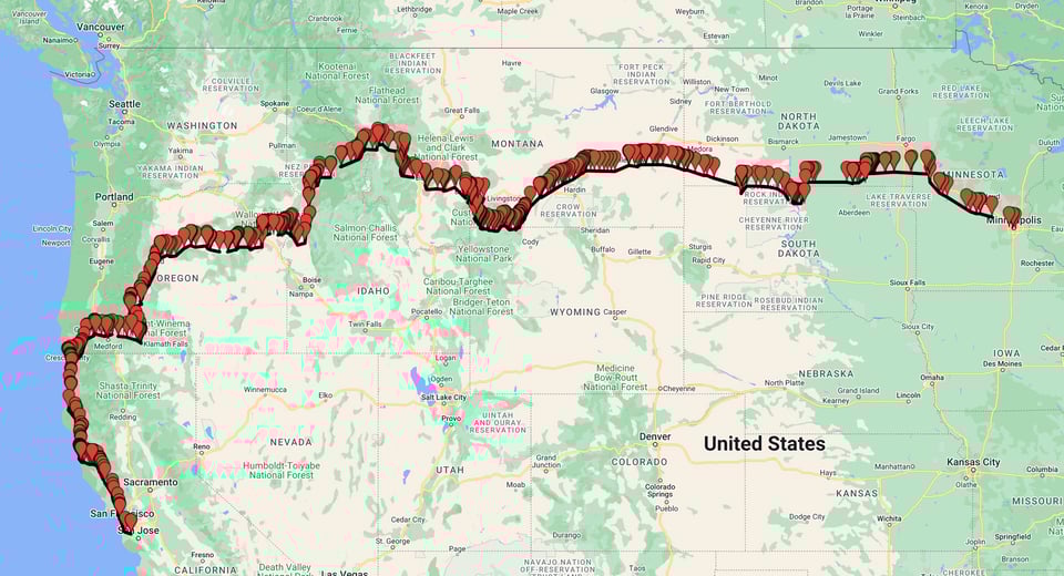 A map of the Western half of the United States, with a route drawn through the northern parts.