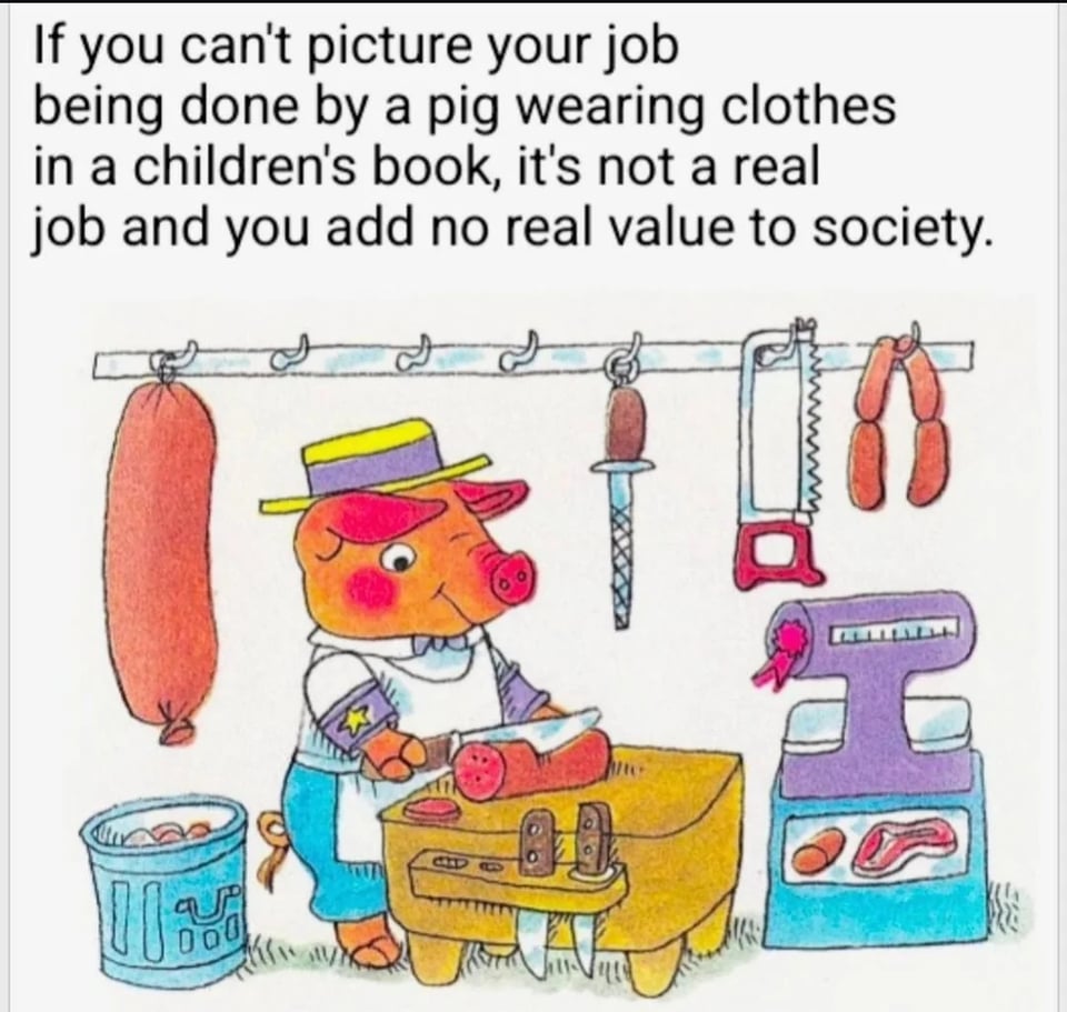Ilustração de um porquinho vestido e trabalhando em um açougue, com a legenda abaixo, mas em inglês.