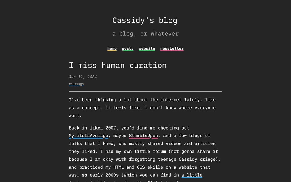 A blog post with the title "I miss human curation"