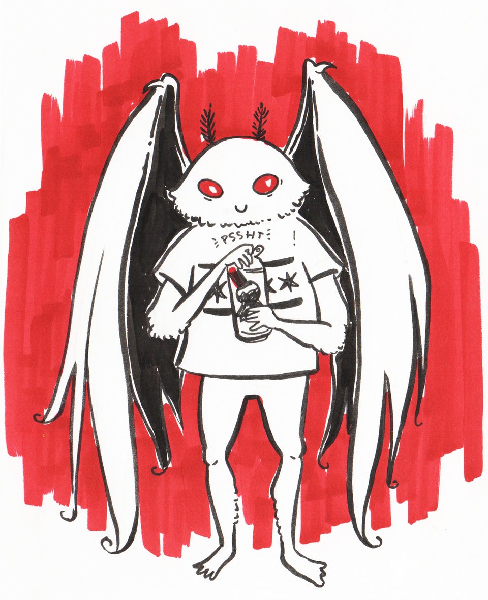 a black and white drawing with a red marker background of a mothman cryptid with red eyes, wearing a shirt of the Chicago flag, opening a PBR tallboy.