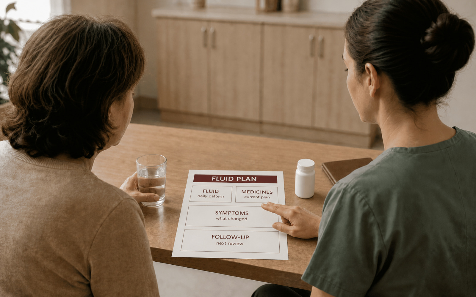 Two people at a table looking together at a printed fluid plan divided into fluid, medicines, symptoms, and follow-up sections. A glass of water and a medication bottle sit beside it.