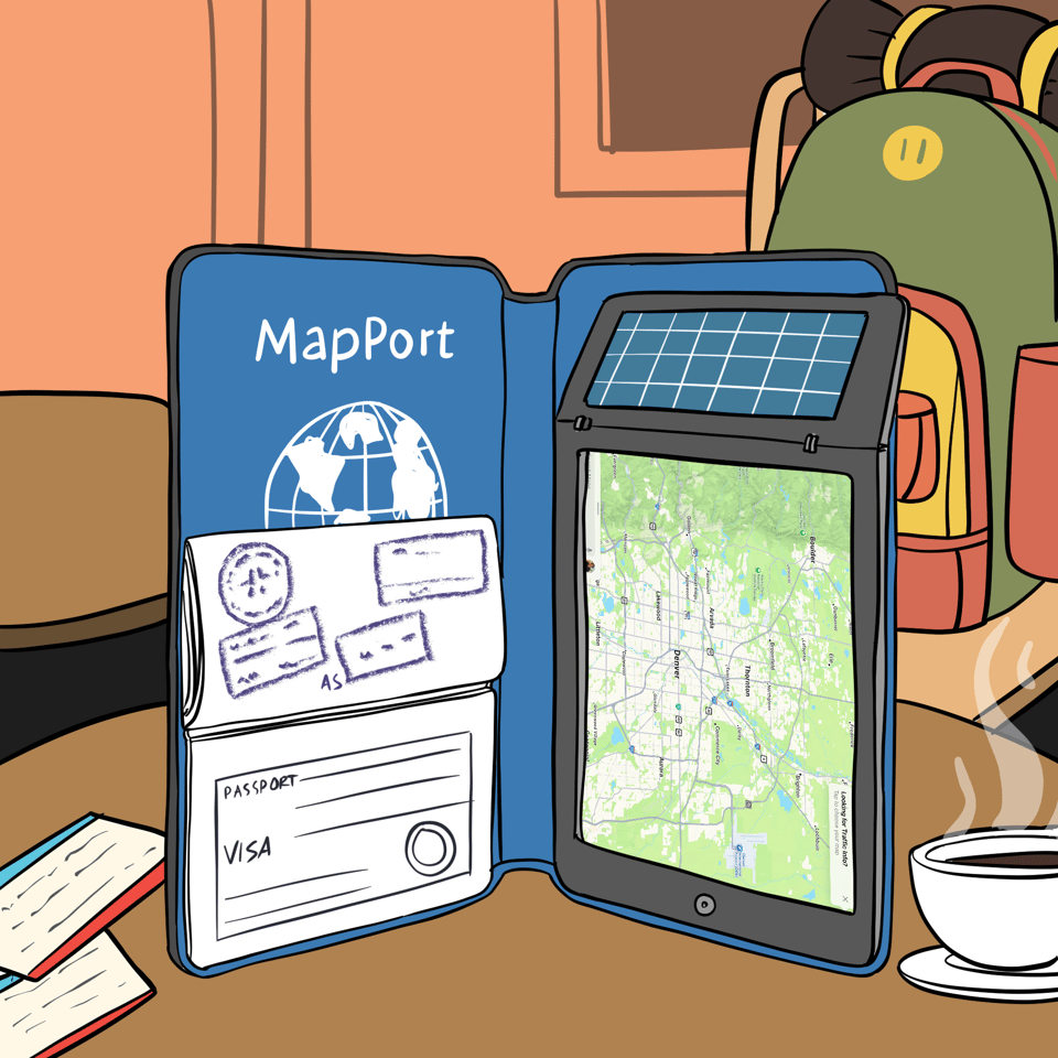 The scene is one of travel with a person in the background wearing a backpack. On the table in the foreground stands a MapPort, on the left it looks like a standard passport with visa papers, on the right is a solar powered map.