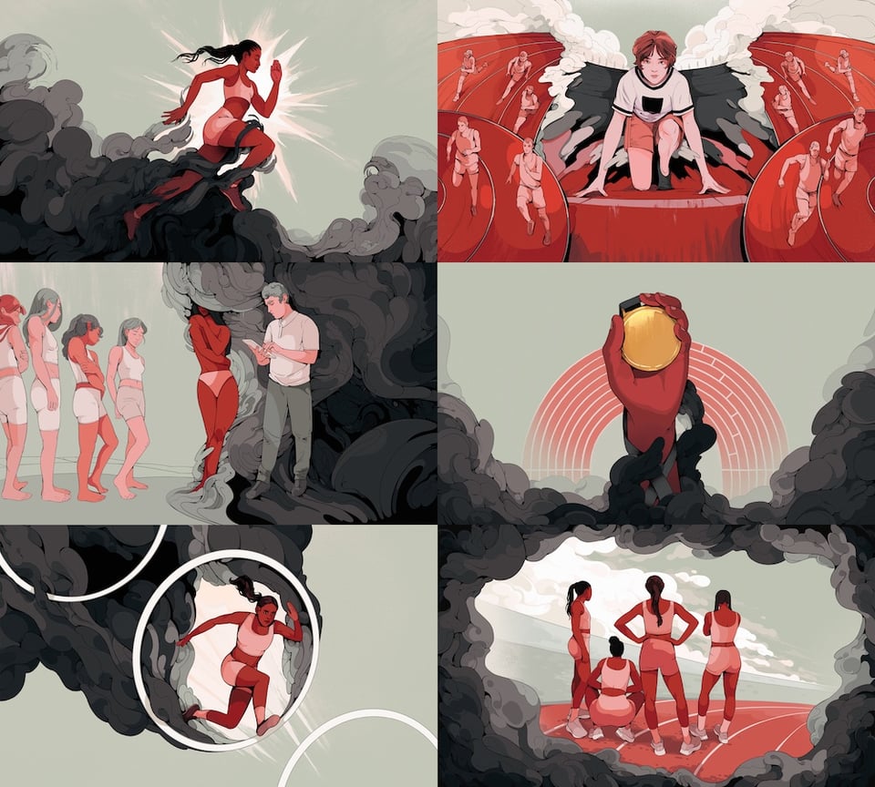 A grid of six images. Top left: An illustration showing an athlete in side profile. To her left there is a bunch of swirling grey and black smoke, twisting around her legs. Top right: An illustration showing a woman crouched in a starting position on the track. around her, there is wispy smoke, and in the periphery, men run on the track. Middle left: An illustration showing women lined up, in bike shorts and sports bras, looking bashful. One woman in the middle is being looked at by a man holding a clipboard, while black and grey smoke engulfs her face and legs. Middle right: A hand holding a gold medal, with black and grey smoke creeping up the arm menacingly. In the background, a track seen from the top down. Bottom left: A woman jumping through a series of hoops, with smoke billowing around the hoops. Bottom right: Four women standing on the track, facing away from the viewer and looking off into the distance. Around them, a cloud of smoke.