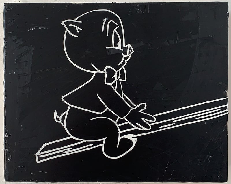 A black and white painting of Porky Pig on a teeter totter.