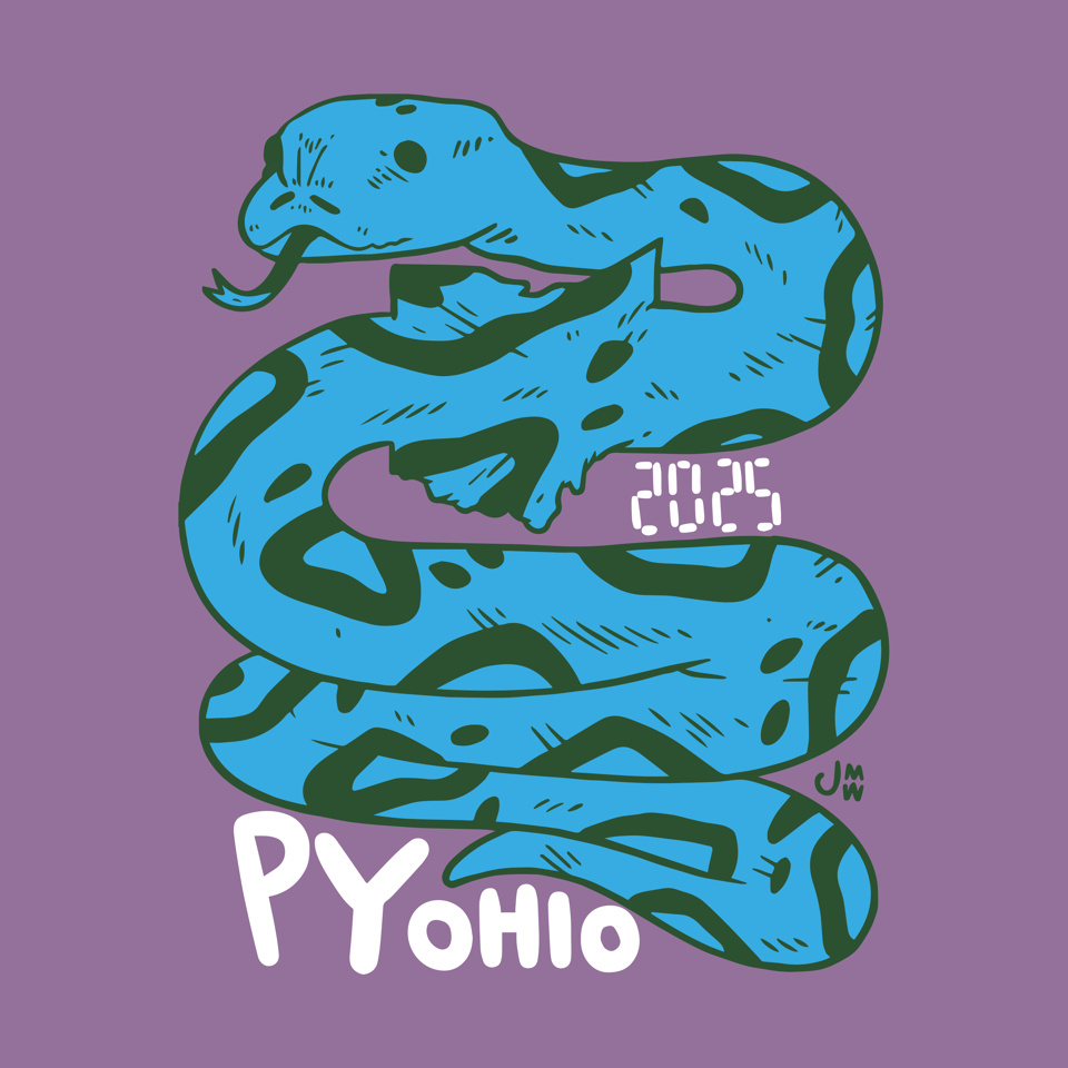 The PyOhio 2025 Logo: A snake that has swallowed the state of Ohio looking off to the left with its tongue out. The body of the snake is zig-zagging folded over itself a couple of times. On the middle, righthand side of the snake is the year, 2025, and on the bottom, lefthand side is PyOhio. The artists signature, JMW, is in small lettering on the right hand side of the snake, a bit higher up than the word "PyOhio" o