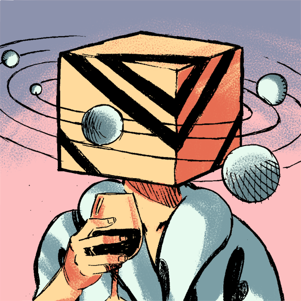 Portrait from the Wednesdays Character Creator. The character has a pale orange cube head with black patterns painted on it and is wearing a large pale blue fur coat with seemingly nothing underneath. They’re holding a glass of wine while planets are revolving around their head.