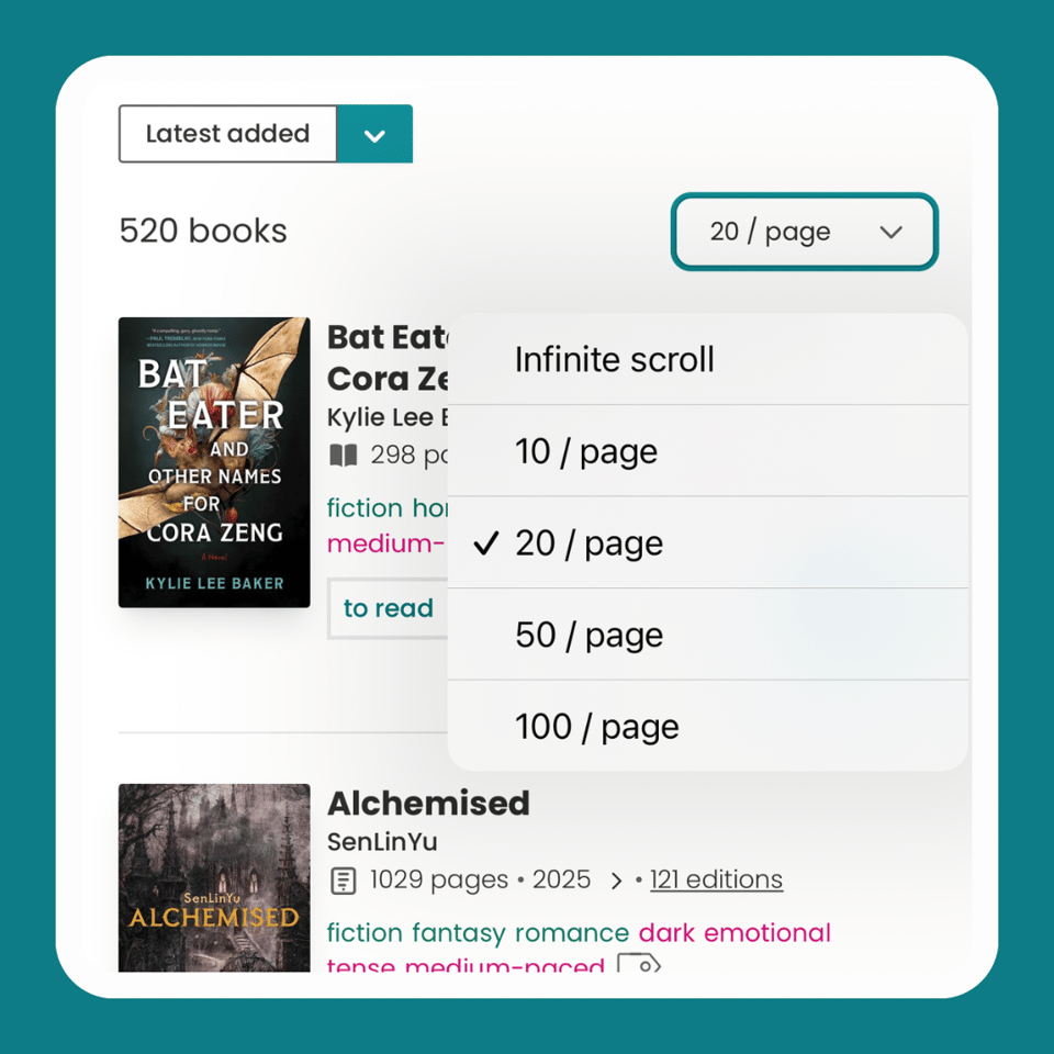 A StoryGraph library list view showing books arranged in a vertical list. At the top, a dropdown labeled “20 / page” is open, displaying pagination options: “Infinite scroll,” “10 / page,” “20 / page” (selected), “50 / page,” and “100 / page.” The list shows book covers, titles, authors, tags, and reading status labels such as “to read,” with a total count of 520 books visible near the top.