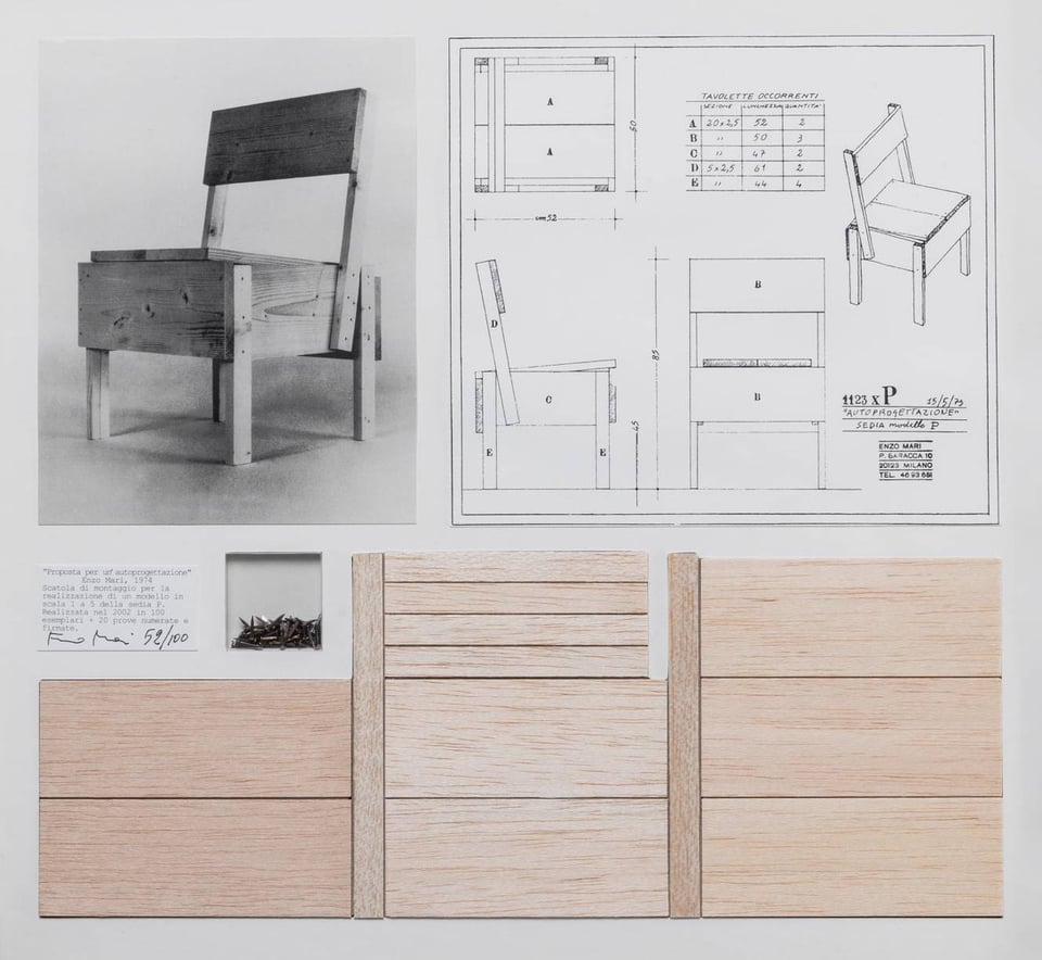 A collaged image of the Enzo Mari chair with a picture of a simple, plywood chair, the design drawings, and the materials needed.