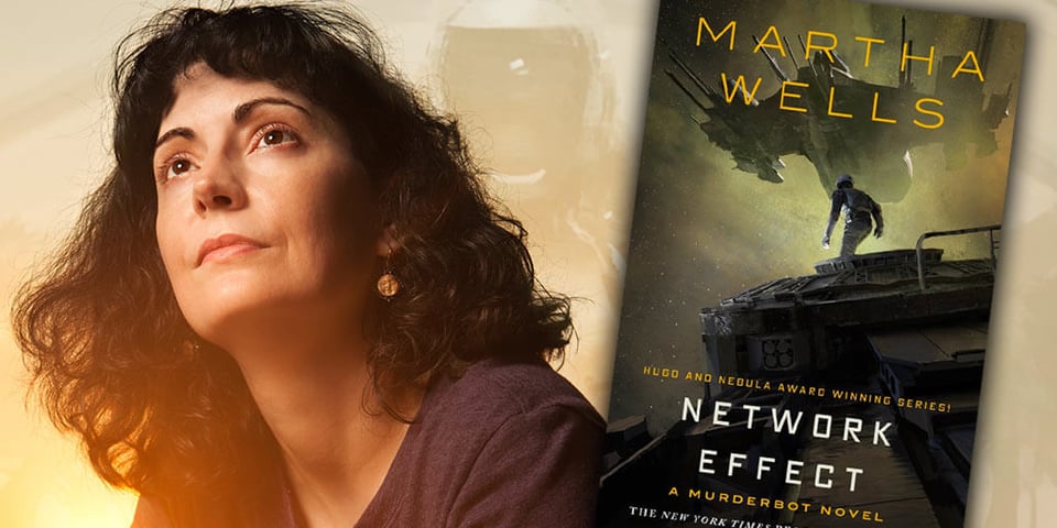Author Martha Wells and her book Network Effect, fifth book in the Murderbot series.