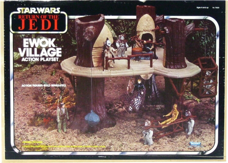 a box image for the return of the jedu ewok village playset from kenner circa 1983