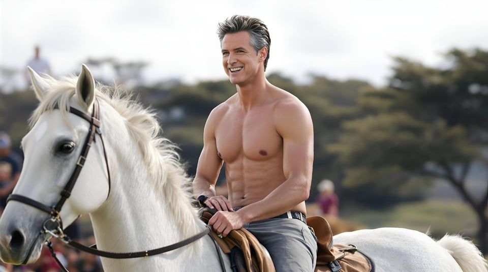 AI image of Newsom shirtless, grinning, and riding a white horse with trees in the background.