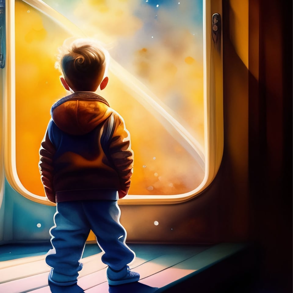 Little boy in front of a galactic doorway.