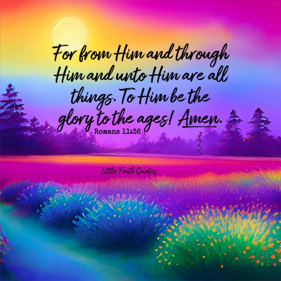 "For from Him and through Him and unto Him are all things. To Him be the glory to the ages!" Amen. ~Romans 11:36. The sun sets in a beautiful orange, purple, and blue sky. A meadow of purple, blue, and green flowers pop in the field below. Image by: @Little Faith Quotes.