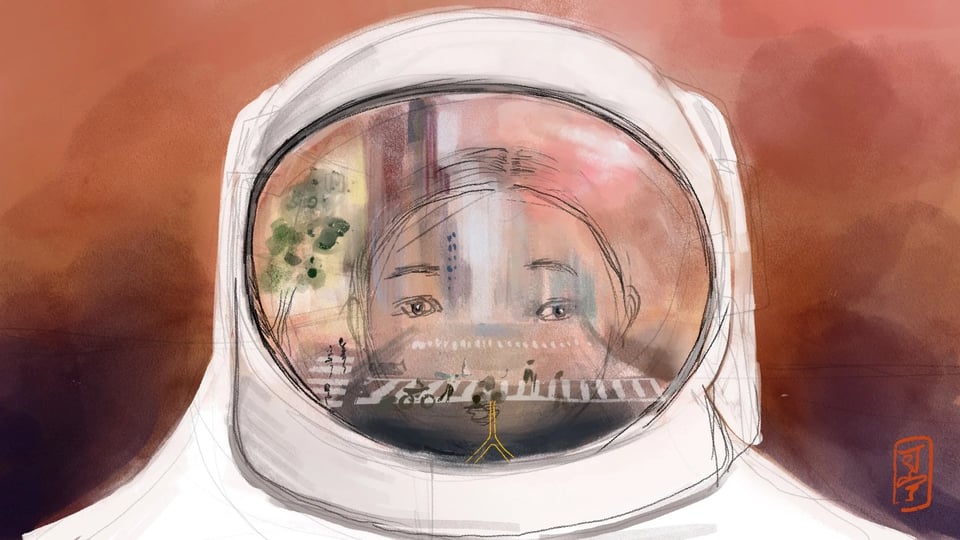 a woman inside astronaut suit, with reflection of NYC streets in helmet
