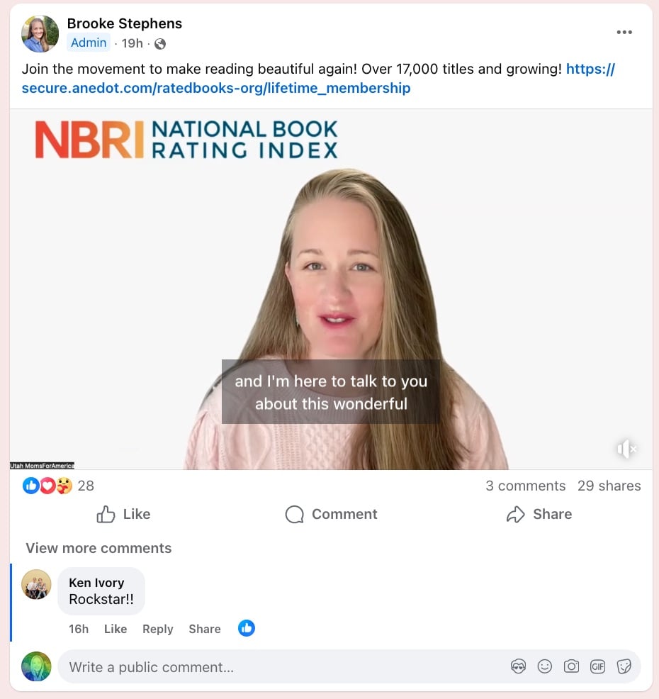 Image of a video shared on LaVerna in the Library of Utah Parents United talking about their new review index, with a comment from Utah politician Ken Ivory calling it "Rockstar!!"